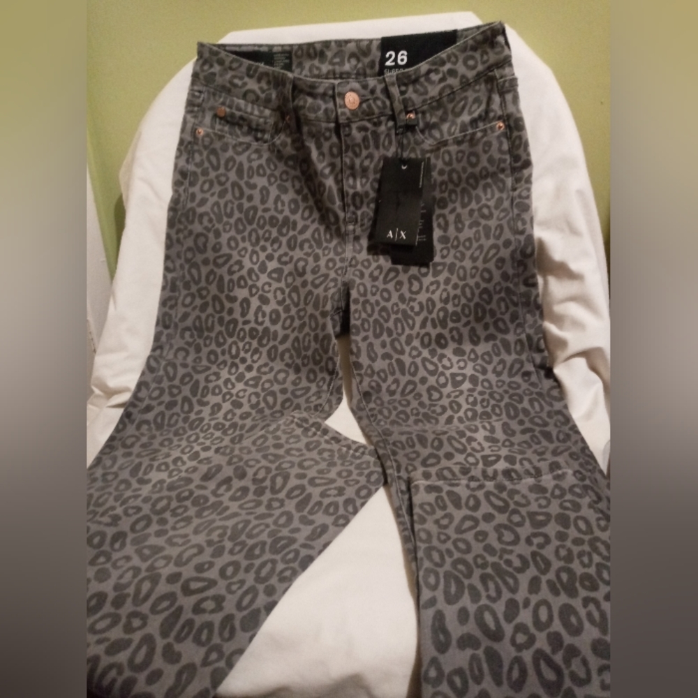 Armani Exchange Gray Leopard Super Skinny Cropped Jeans, Size- 26
